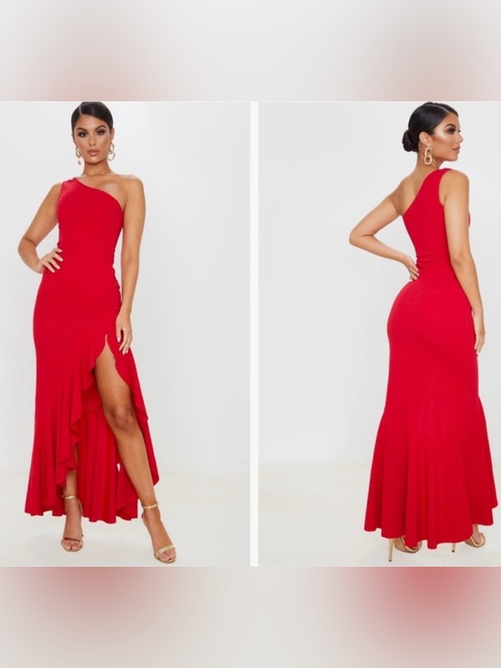 PrettyLittleThing Dresses & Skirts - PrettyLittleThing One-Shoulder Red Ruffle High-Low Gown